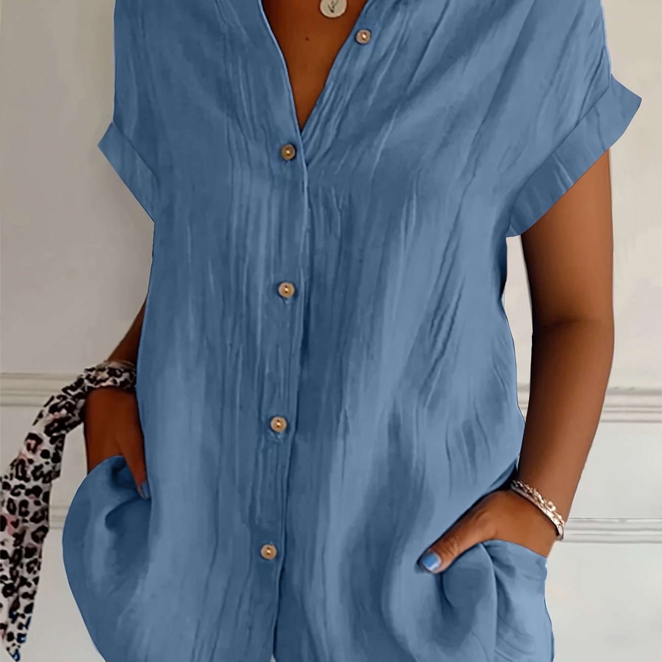 TEMU Plus Size - Plus Size - Spring And Summer Plus Size Women's Elegant Solid Colour Short Sleeves Shirt - Blue, Button Design, Flap Collar, Smooth
