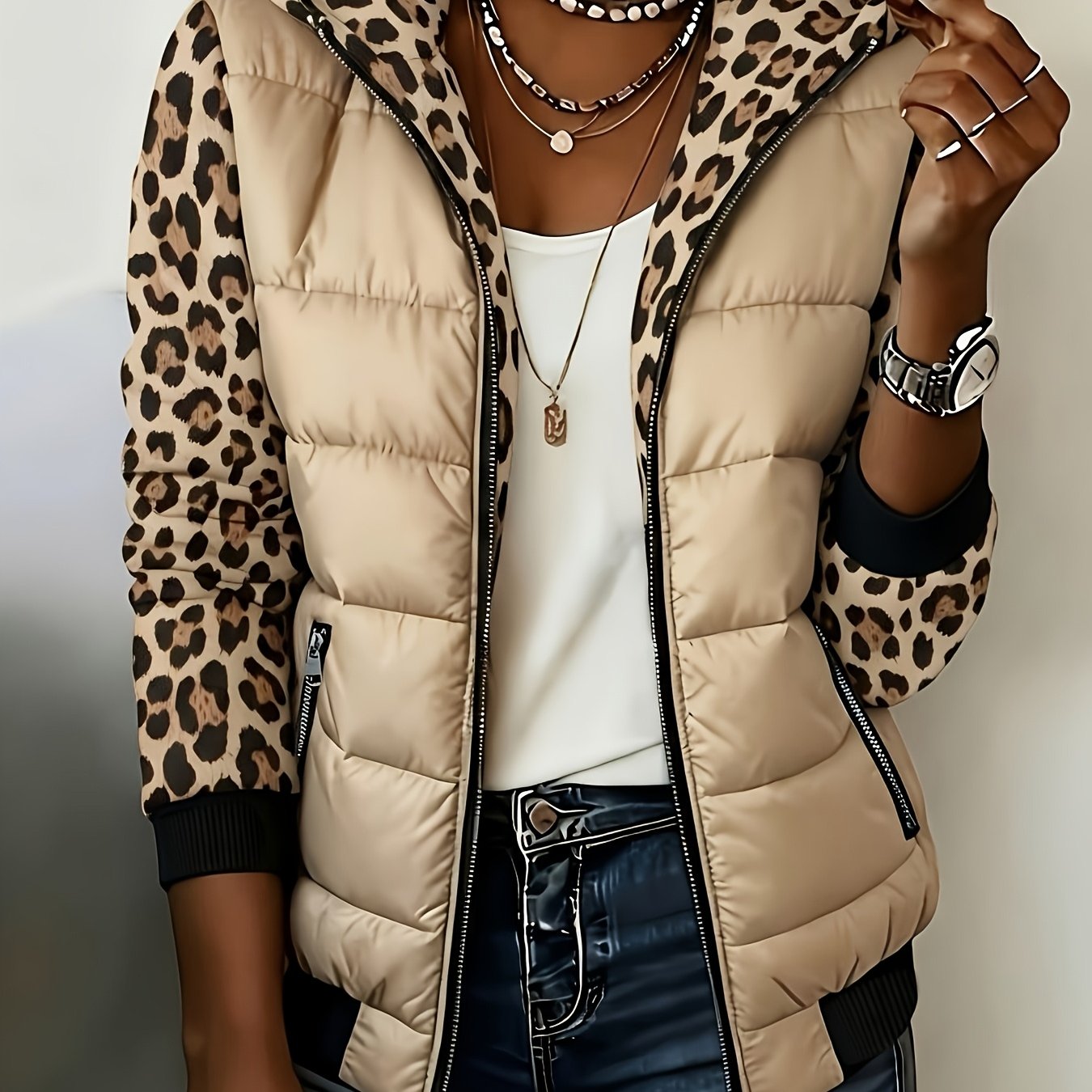TEMU Veste à capuche d'automne-hiver tendance, polyvalente et décontractée, avec imprimé léopard patchwork et couleurs contrastées, manches longues