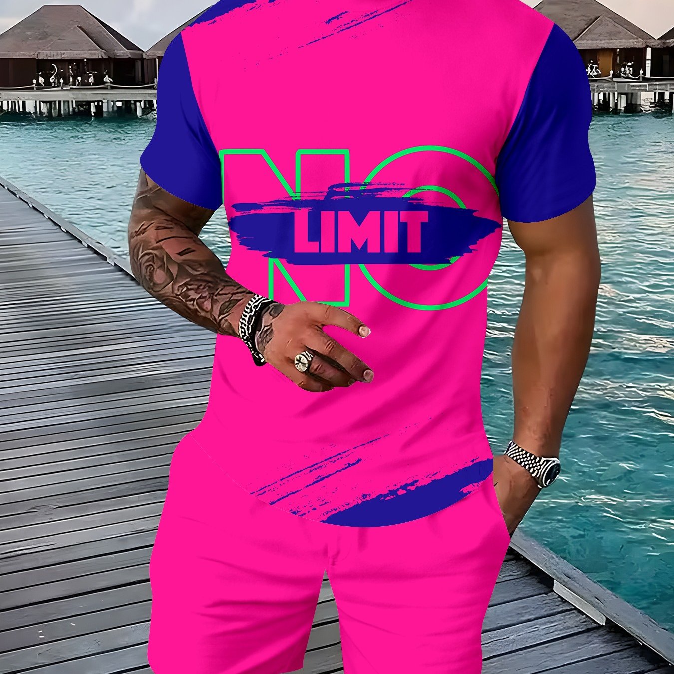 TEMU Ensemble de style à la affirmée : T-shirt tendance et décontracté à col ras du cou + short pour homme, vêtement d'été décontracté et respirant