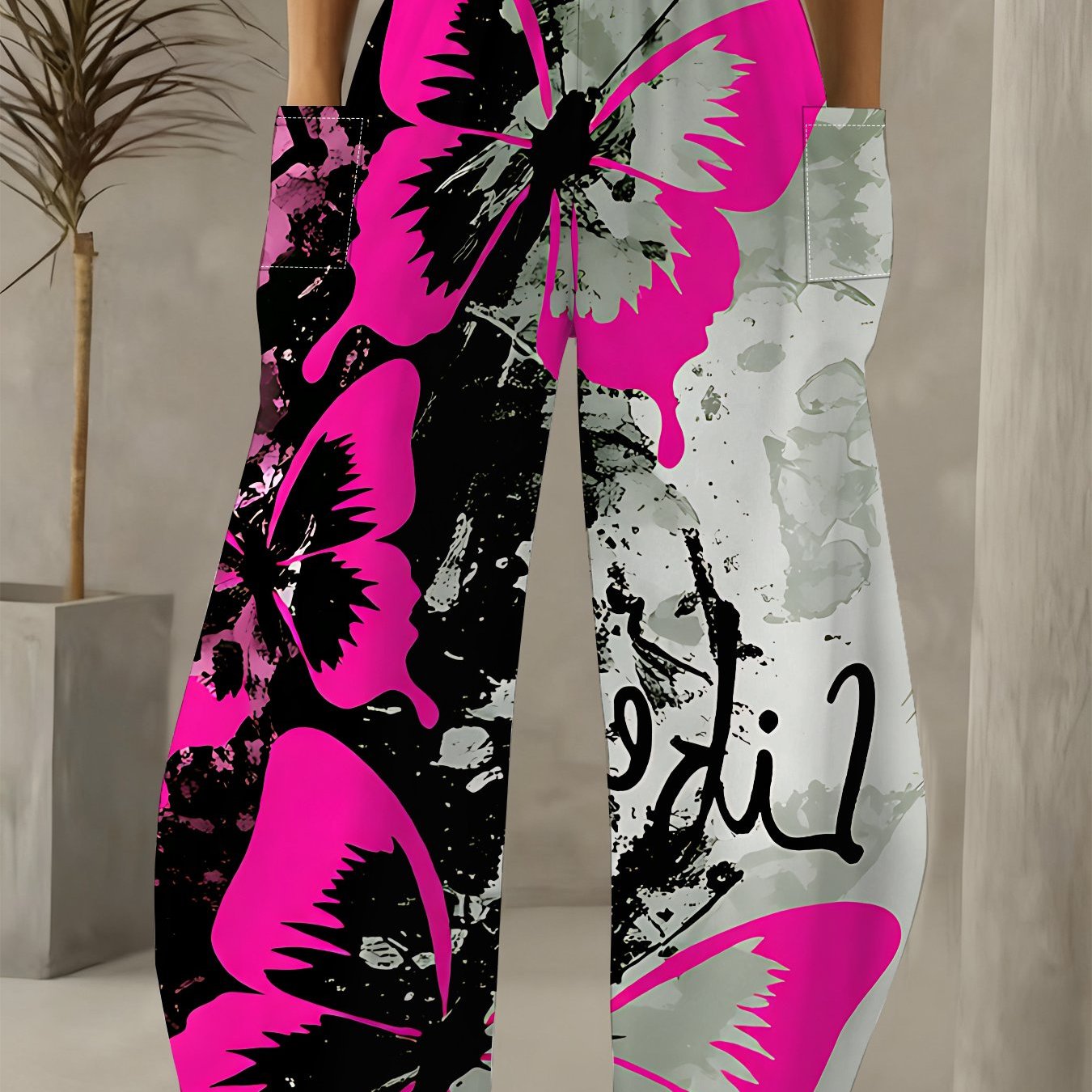TEMU Women' Size Comfortable& Breathable Wide-leg Pants, Rose Red Ink Splash Print With Life Lettering, Trendy Contrast Color Elastic Waist, Loose&