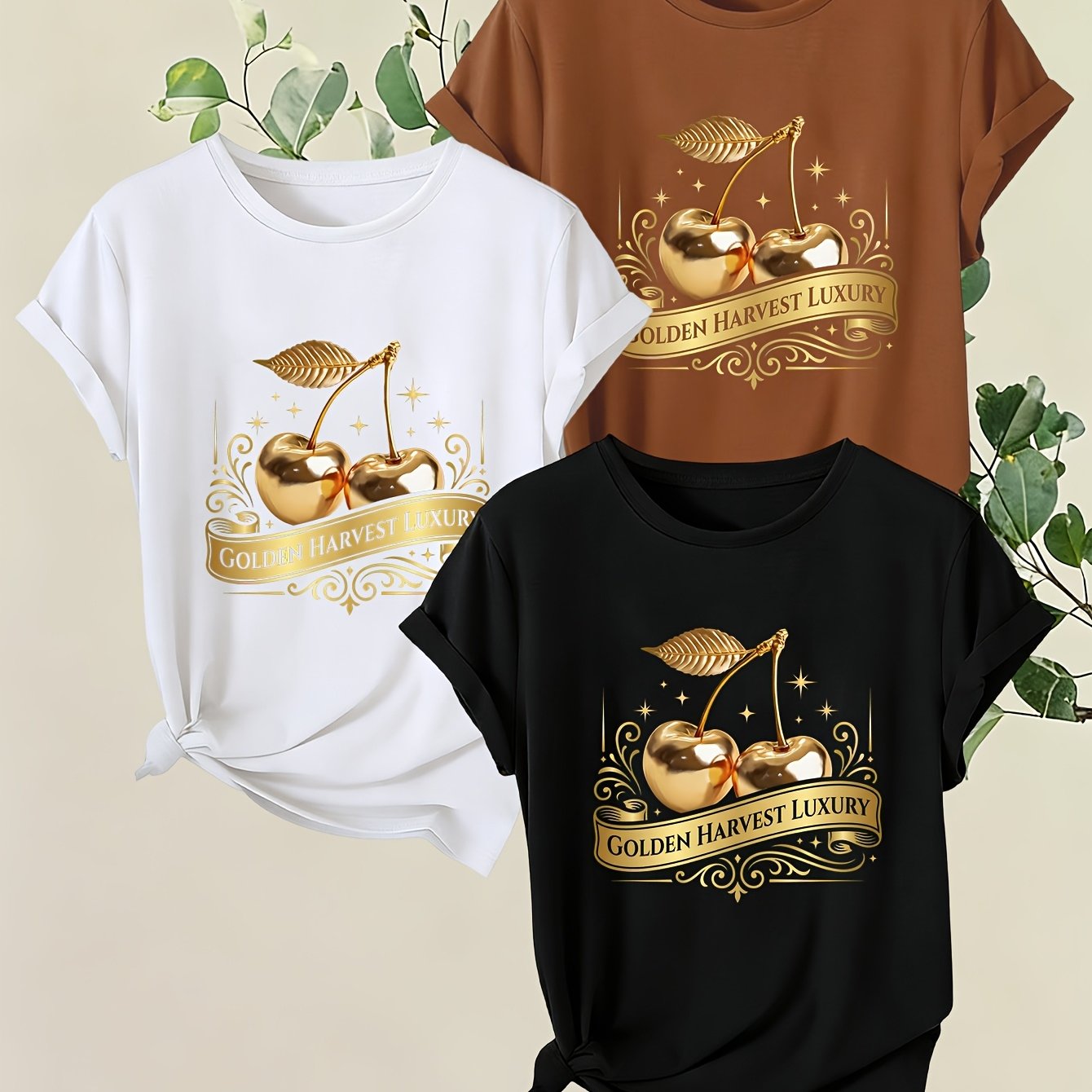 TEMU 3pcs Set, Optional, Women's Short Sleeve, Luxury Print Round Neck Short Sleeve, Spring Summer Light Luxury , Women's T-shirt