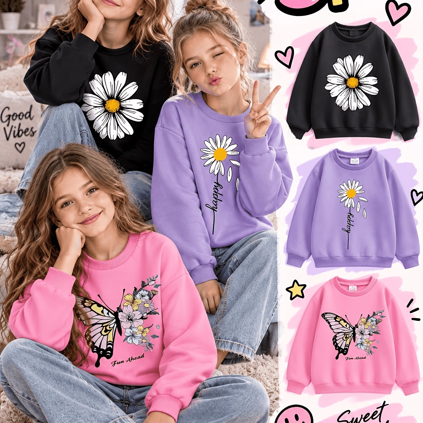 Image of A Set Of 3 Girls' Sports Sweatshirts Featuring And Floral Prints, Comfortable And Stylish Long-sleeve Pullover Crewneck Tops