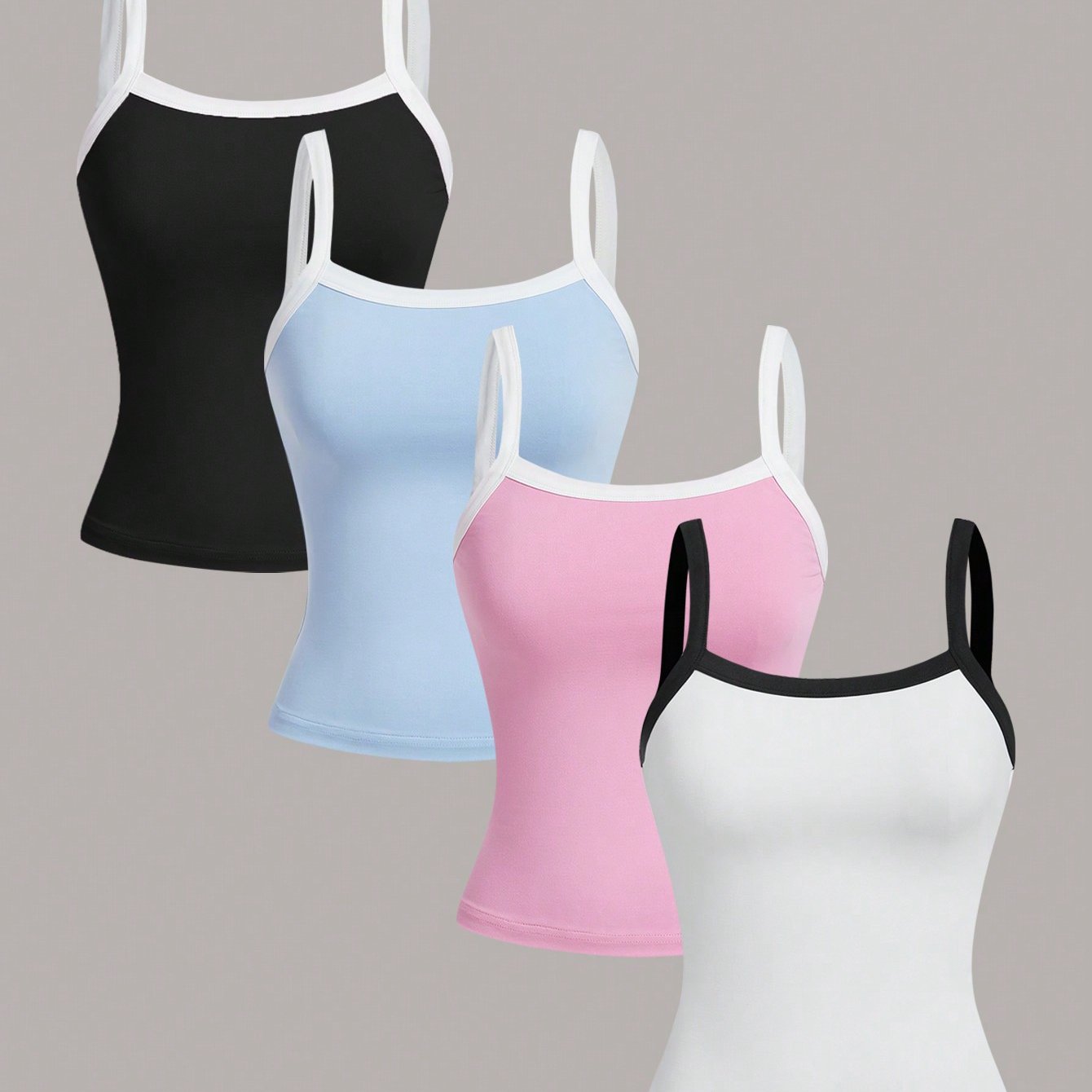 4pcs Girls' Block Camisole, Slim Fit For A Slimming Effect, For Layering Or Wearing Alone