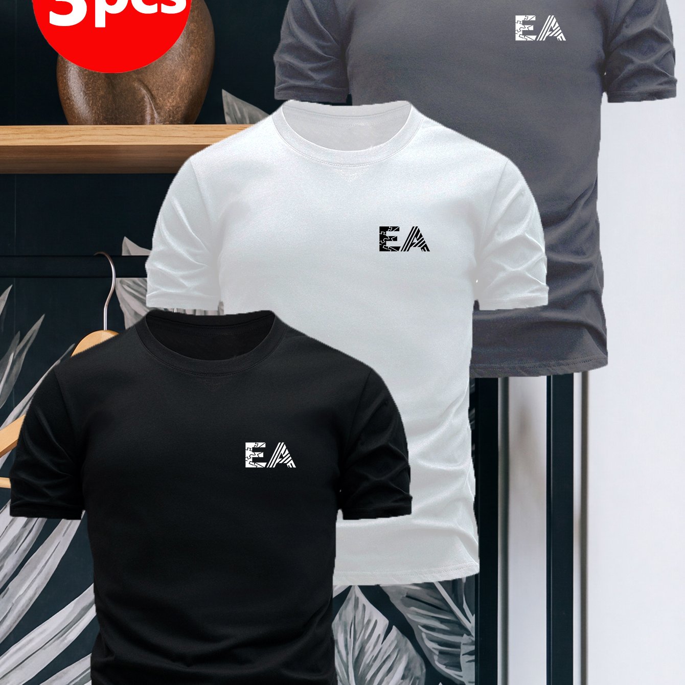 TEMU 3pcs Men's T-shirts - Minimalist Ea Chest Print Crew Neck Tees, Regular Fit Casual Streetwear Summer Tops, Machine Washable Suitable For Style,
