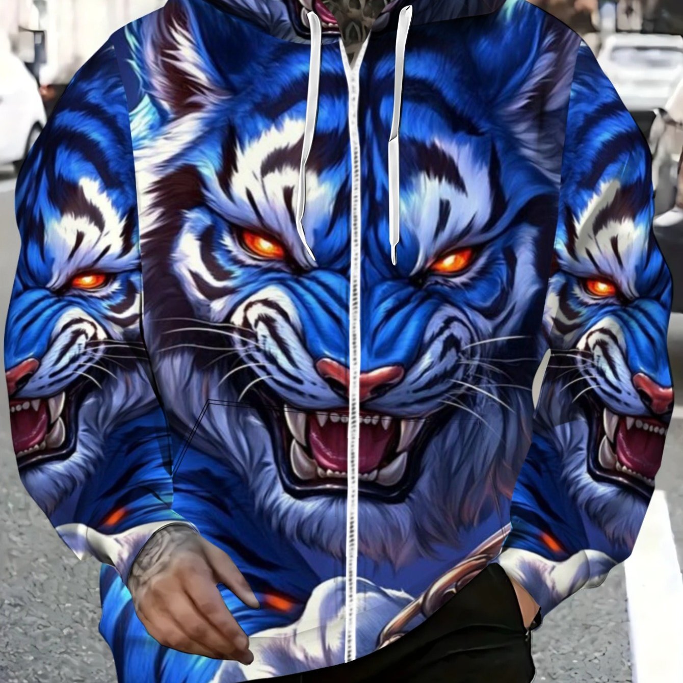 TEMU Men's Print Hoodie Lightweight Casual Zip-up Sweatshirt For Outdoor Activities And Everyday Wear, Vibrant Design With Animal Pattern, For