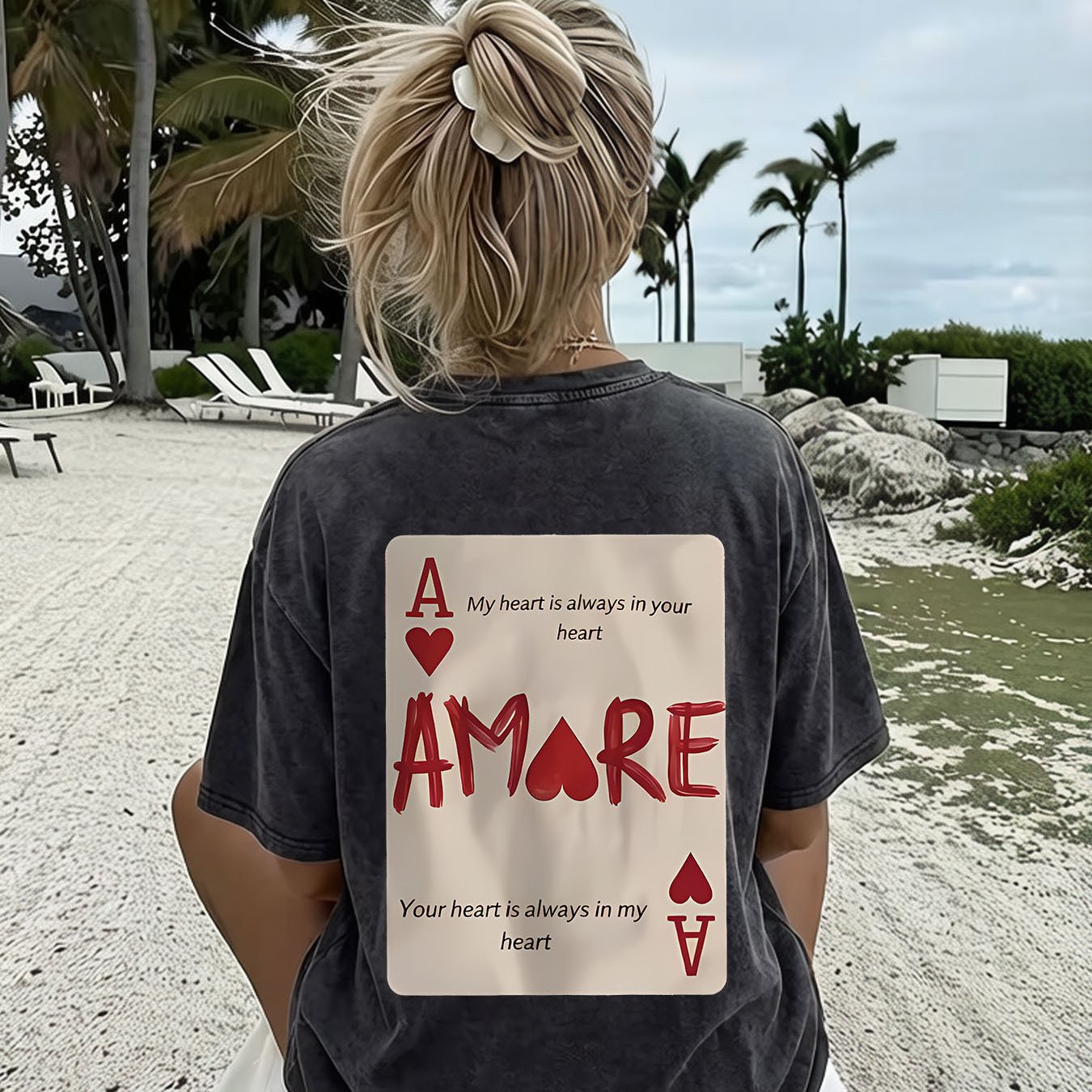 Image of Women's Retro Washed "red Heart A Amore" Print Loose T-shirt Romantic Casual Short Sleeve Top