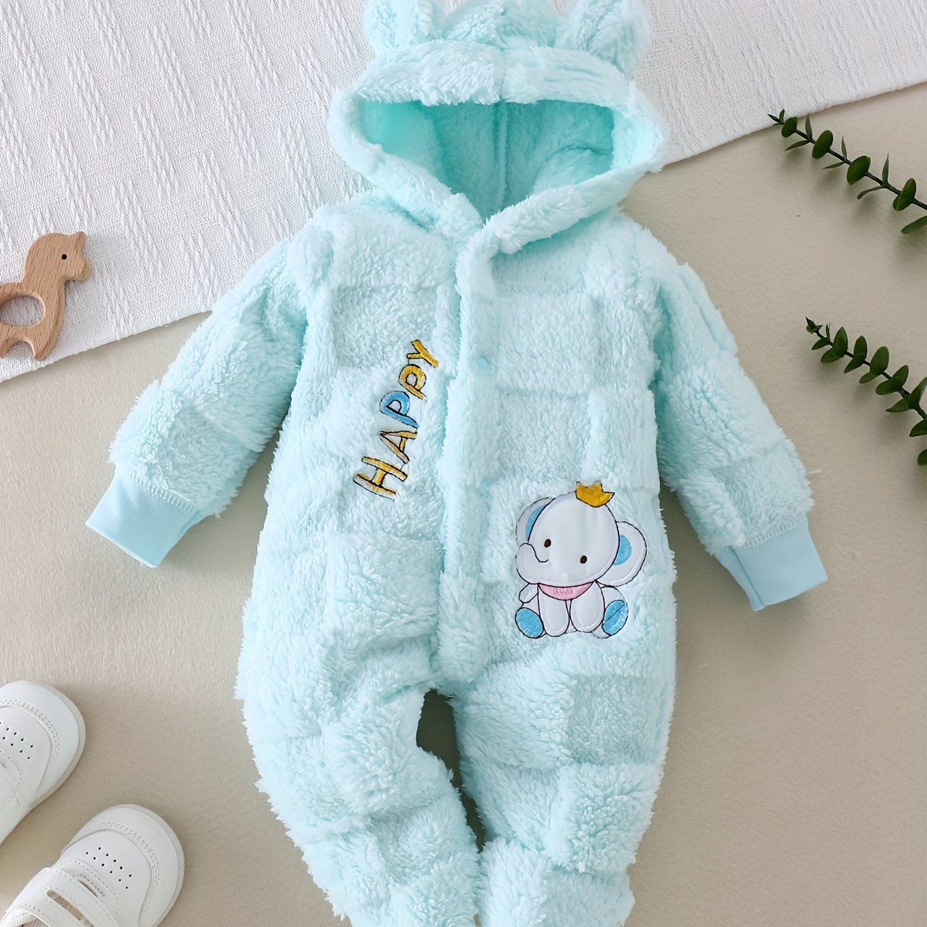 Image of Baby Bodysuit Autumn Winter 0-9 Months Boys Girls Warm Thick Plush Footed Jumpsuit Outdoor Wear "happy" Letter Embroidery Elephant Cute Crawling Suit, For Outdoor