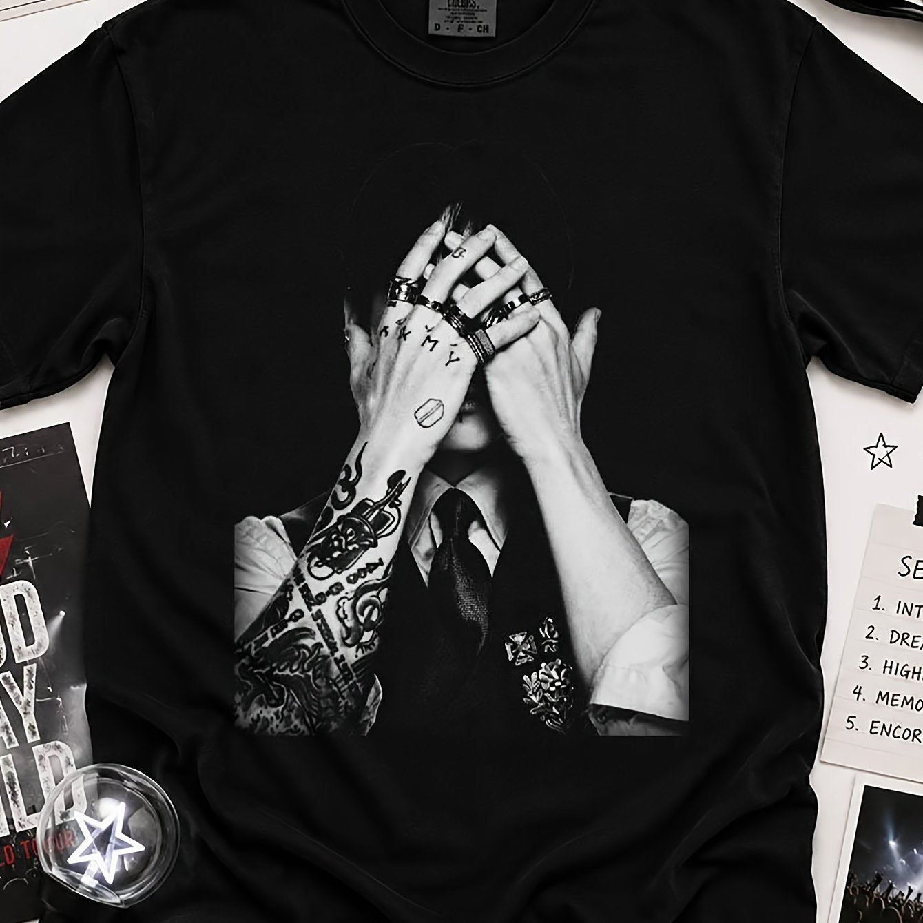 TEMU Kpop Retro Graphic Print T-shirt, Comfortable For Group Fans, Ideal For Family And , Black Crew Neck, 180g Pure, Sizes S To 3xl