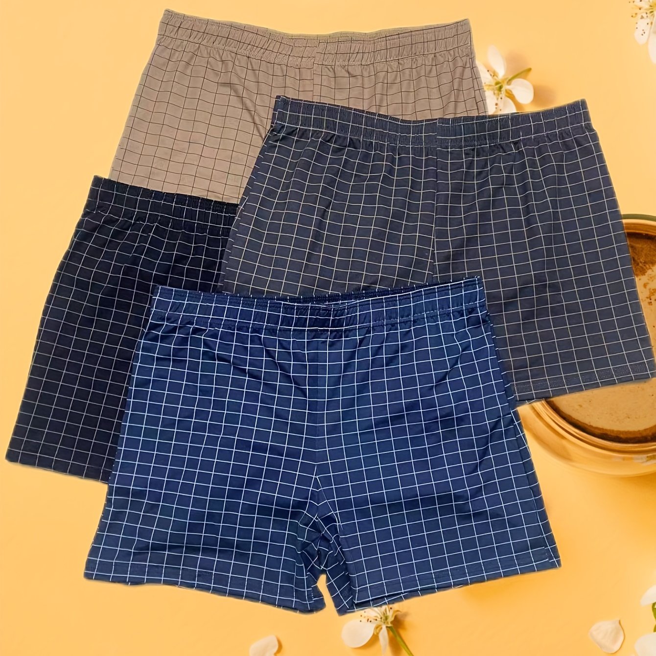 TEMU Men's Trunks 4-pack - Polyester Knit Fabric With Elastane, , Medium Stretch, Classic Checkered Pattern, Boxer Shorts