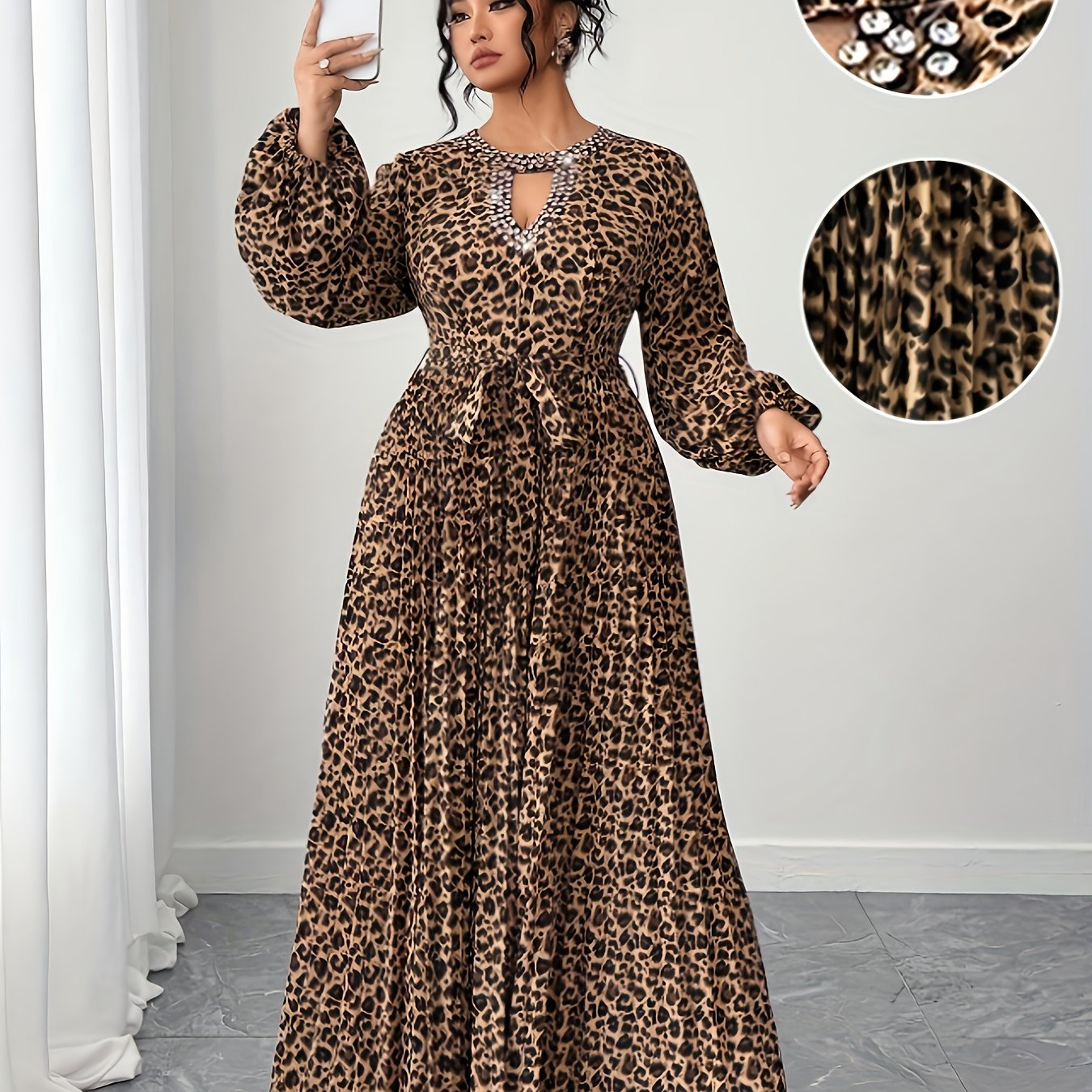 TEMU Plus Size - Elegant Leopard Print Dress, Pleated Dress, Embellished Neckline Dress, Plus Size Women's Dress, Stylish And Dress.