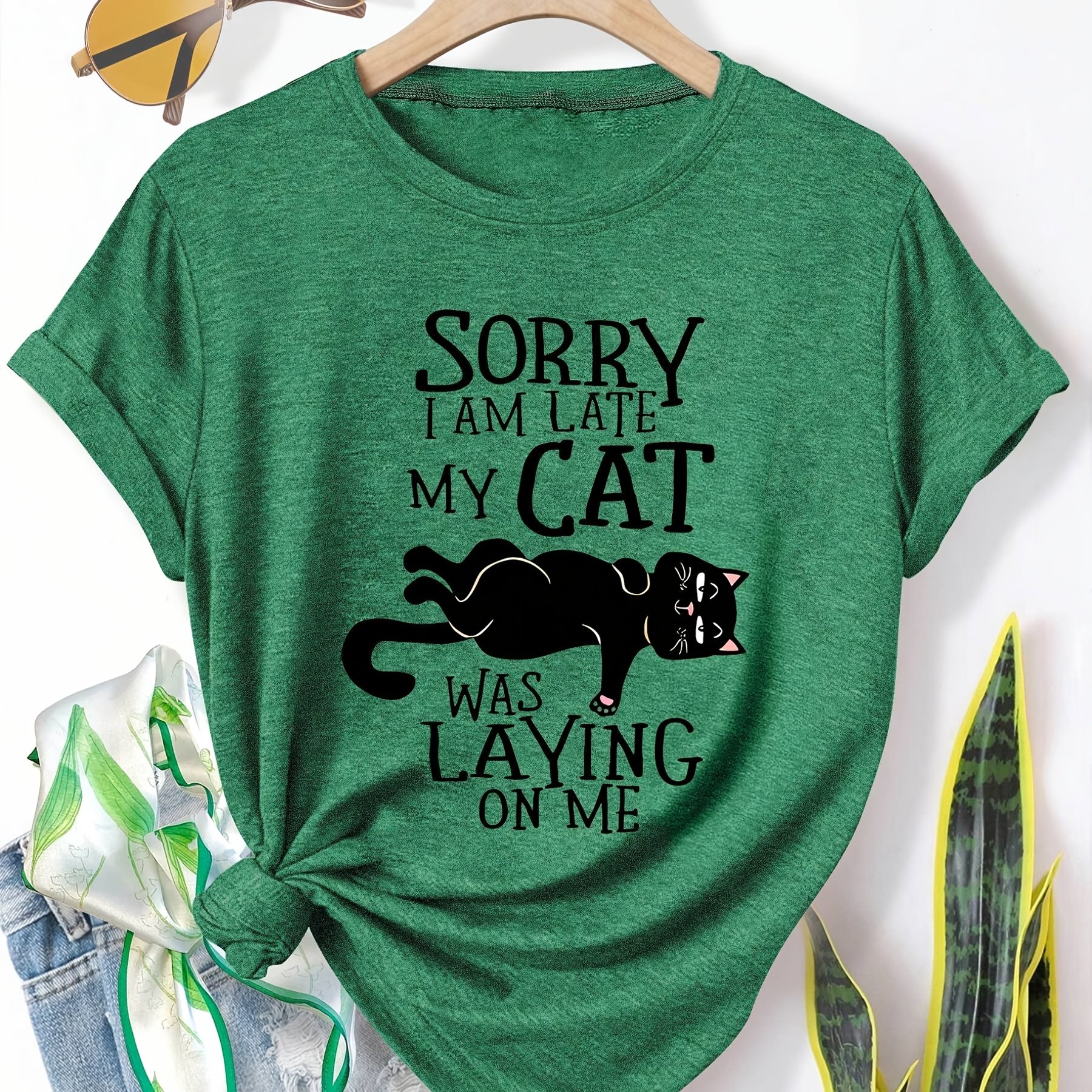 TEMU Fashionable Vintage Style Women's Casual Sports Short-sleeve T-shirt With A Cartoon Cat Print, In Multiple Colors And Sizes S-xxl For Spring And