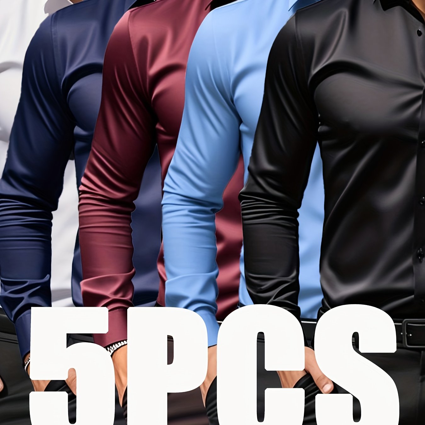 TEMU [5pcs Set] Men' Color Workwear Long-sleeve Shirts, Light Business Casual Shirts, Suitable For Work And Going Out, Multiple Colors