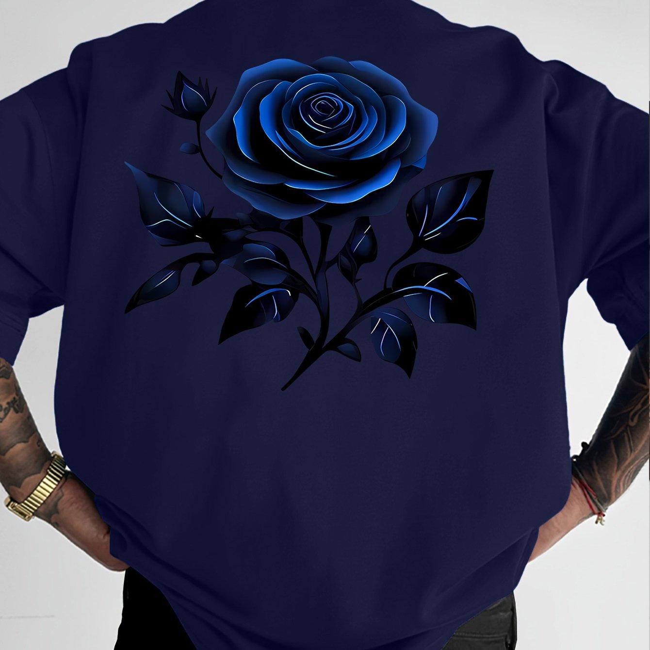 TEMU Men's Trendy Blue Rose Print Short-sleeve T-shirt For Daily Street Fashion