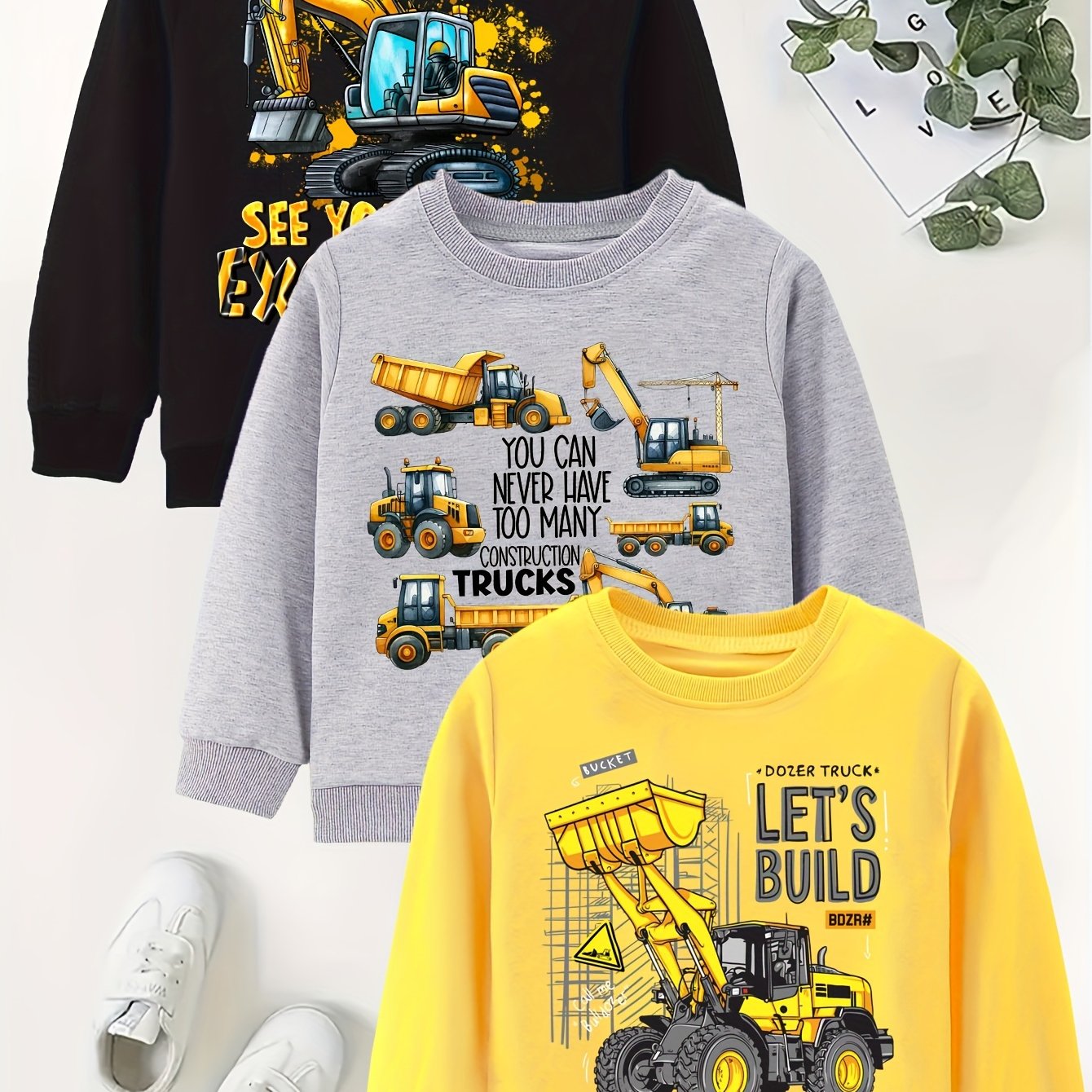 3pcs Boys' Autumn/ Sweatshirt, Excavator Series Printed Long-sleeve Thin Pullover, Boys Outfit
