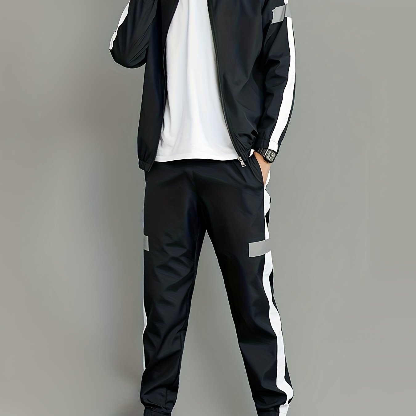 E-shop Herren Sportbekleidungs-Set für Frühling/Herbst, 2-teilig, Oberteil Hose, Revers, Langarm, Color-Block-Design