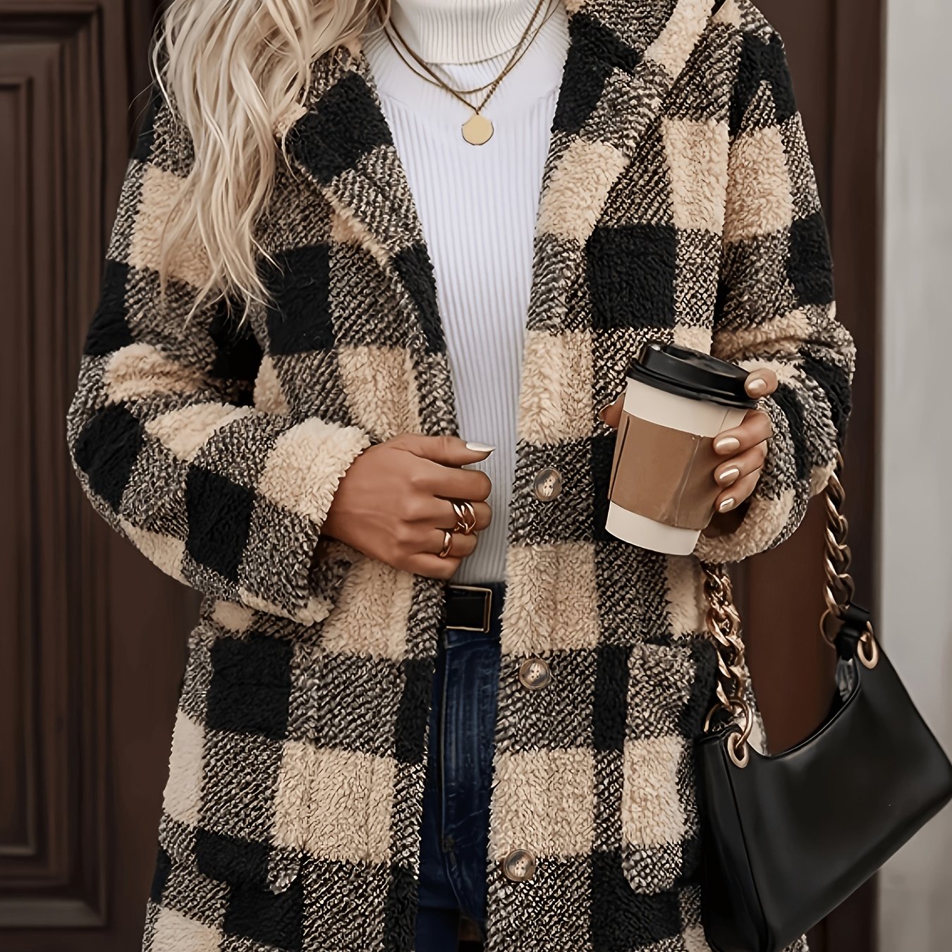 TEMU Grande Taille - Nouveau Produit Automne Hiver 2026, Manteau Grande Taille Femme, Veste Ours en Peluche Imprimée à Carreaux Buffalo, Sweat à