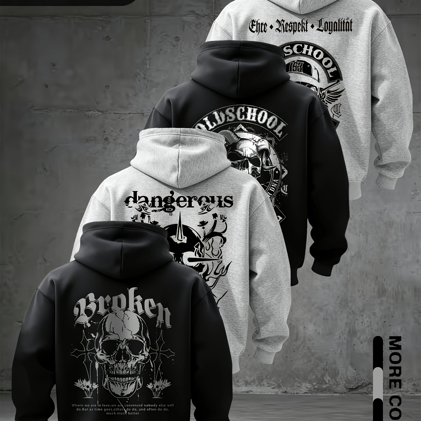 TEMU Skull Gothic Lettering Men's 4pcs Set Long Sleeve Pullover Hoodie, Men's Streetwear Trendy Casual Hooded Sweatshirt