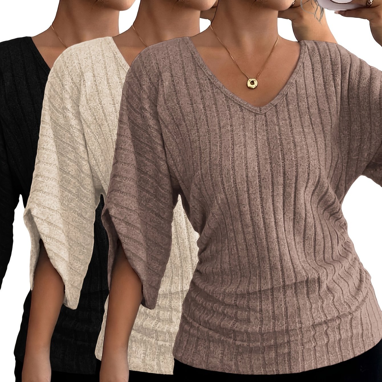 TEMU Women's 3pcs Set 3/4 Batwing Sleeve V-neck Elegant Ruched Fit 3/4 Sleeve Pullover Shirt