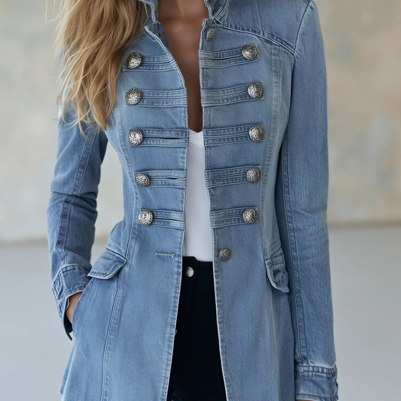 TEMU Women' Blue Washed Long Denim Jacket, Stand Collar, Slim -cinching Design, Vintage Detail, Long Sleeve Flap Pocket Denim Coat