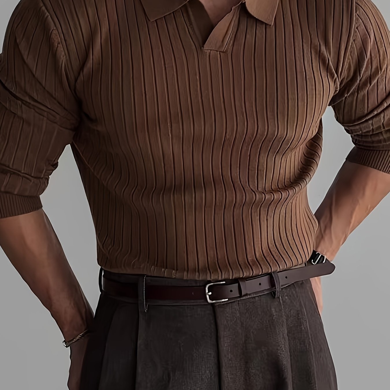 TEMU [ OBM] Suéter tipo de punto acanalado de larga con solapa de color liso, estilo de moda para hombre, esenciales de otoño/invierno