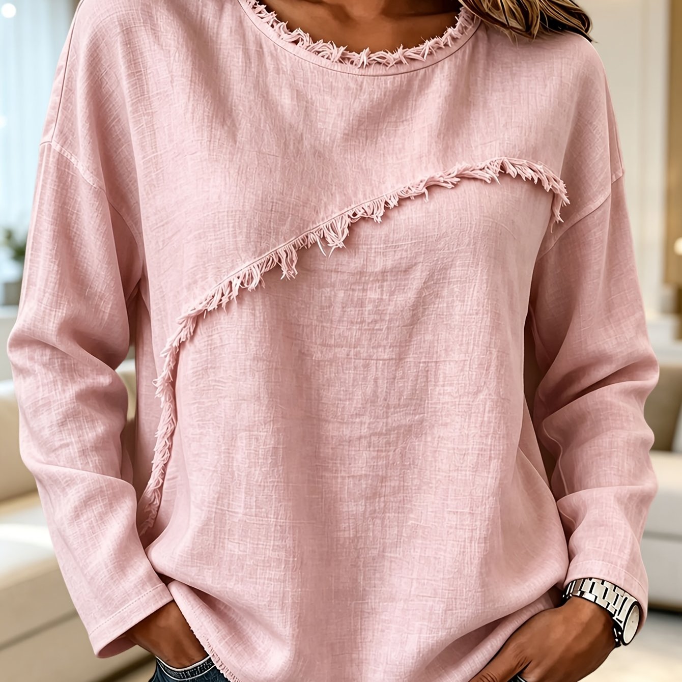 TEMU Women's Round Neck Fringe Decor Casual T-shirt