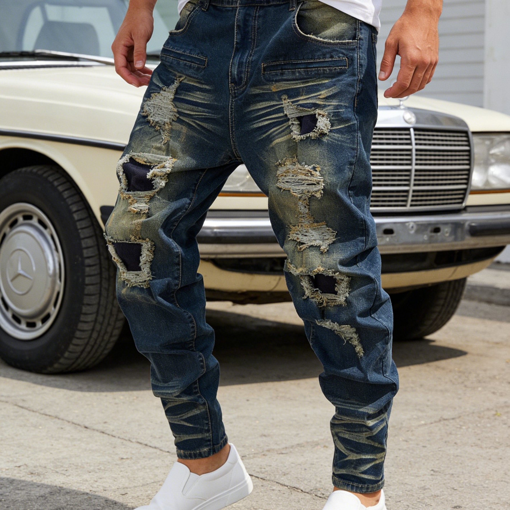 TEMU HME-148 Novit� /Estate/: Jeans con polsini, stile heavy-distressed, con occhio naturale e texture sbiancate - per streetwear, di moda, festival