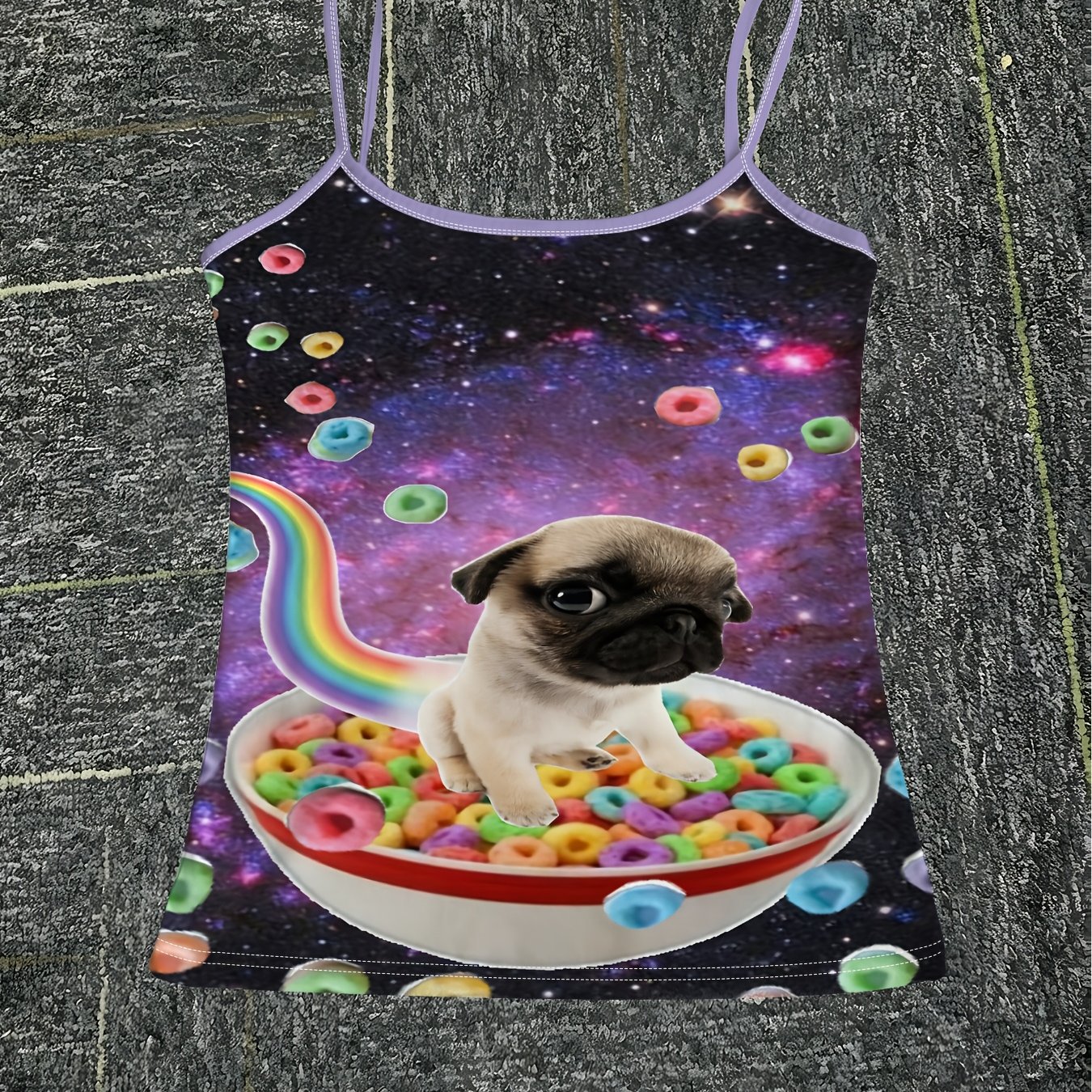 TEMU Women's Summer Spaghetti Strap Top With Pug, Starry Sky, And Cereal Circle Print