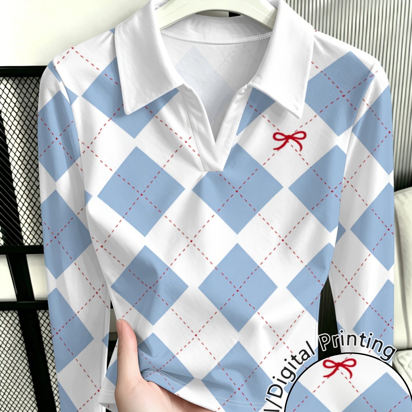 TEMU Plus Size, /autumn V-neck Base Layer Top With Blue And White Rhombus Pattern And Bow Print