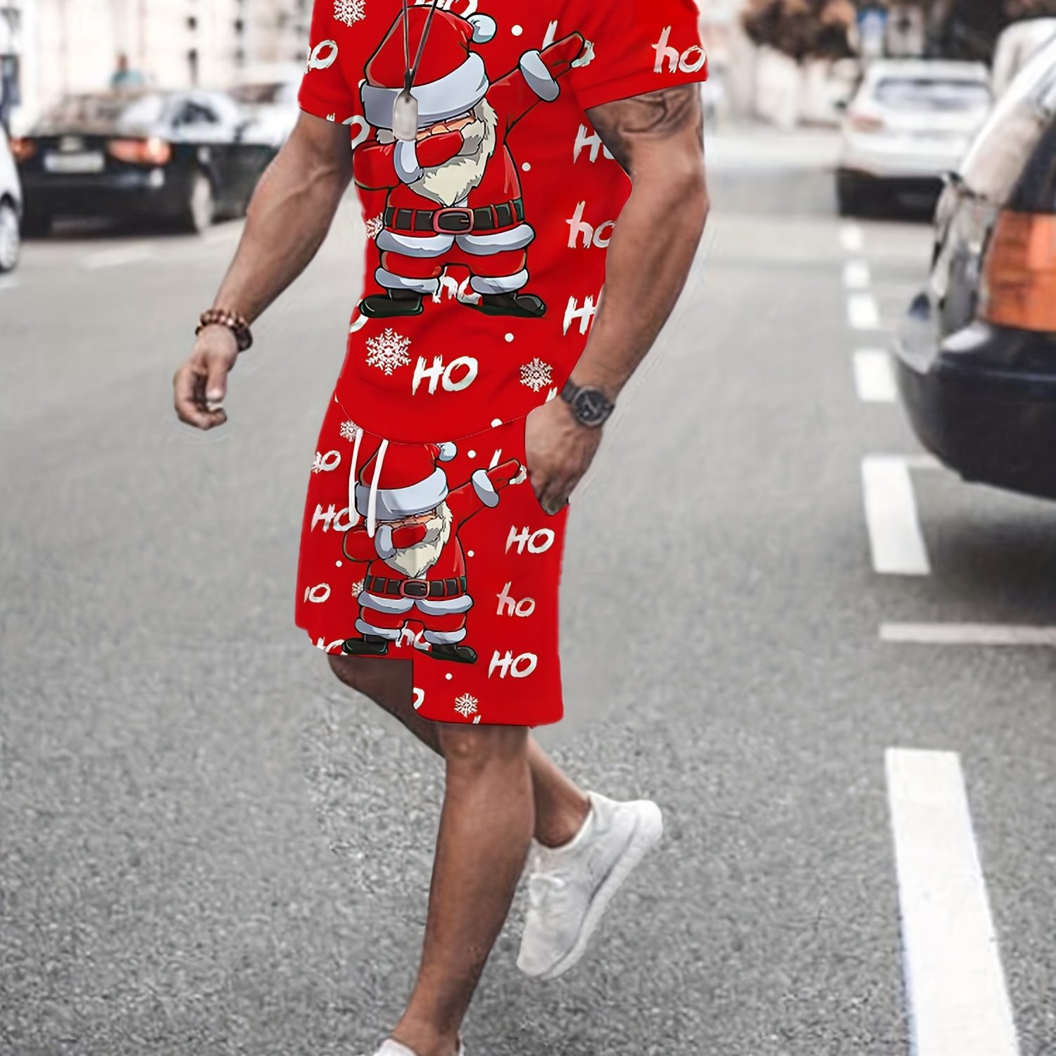 TEMU 1set Men's Casual Christmas Polyester Sportswear Set, Crew Neck Short Sleeve T-shirt And Shorts, Slight Stretch Knit Fabric, Regular Fit Summer Outfit