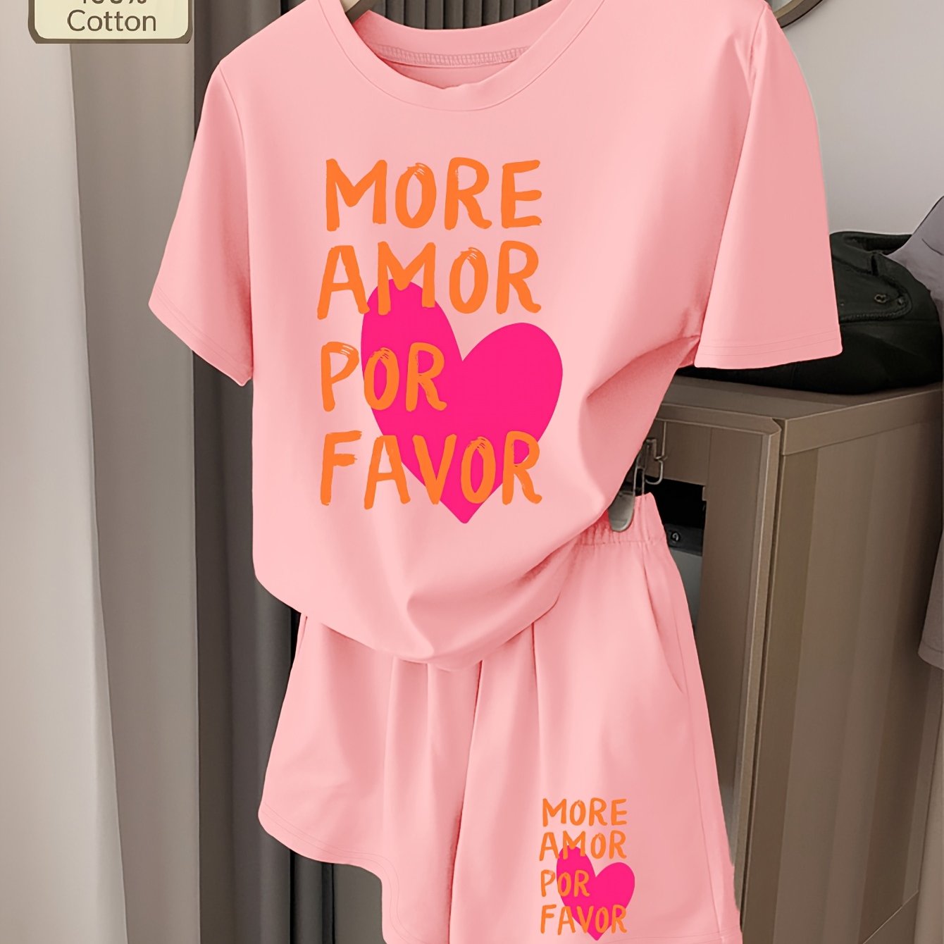 Image of Heart With Spanish Text " "printed Multicolor Pure Cotton T-shirt Shorts Set - Summer Wear, Spring/summer Outfits - Trendy Style, Great For Gifts, Trendy Internet-famous Style.