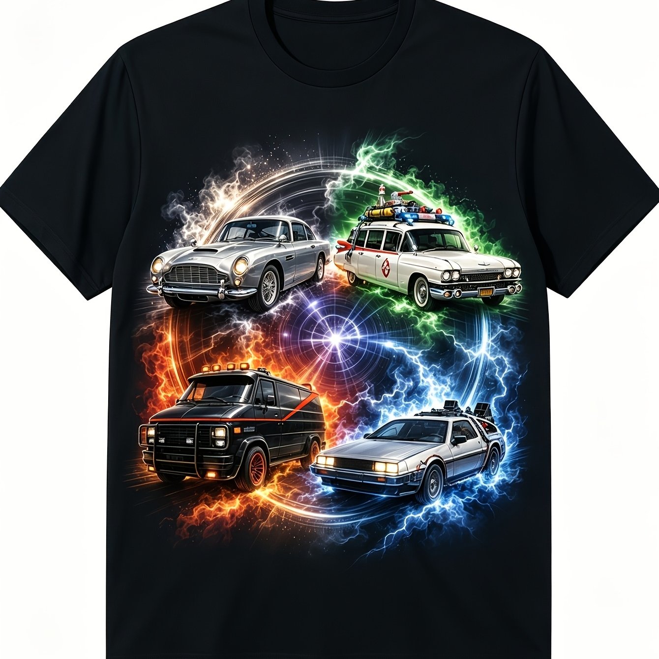 Image of Men's Short Sleeve Graphic T-shirt, Retro Classic Vehicle Print With Lightning And Fire Effects, Casual Urban Streetwear, Ideal For Daily Wear And Weekend Outfit, Plus Size
