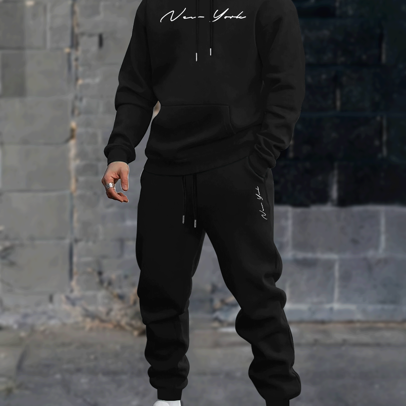 E-shop Herren-Set mit bedruckter Kapuzenpullover und Hose aus Samt, Neues Herbst- und Winter-Zweiteiler-Sweatshirt für Paare und Freizeithose mit