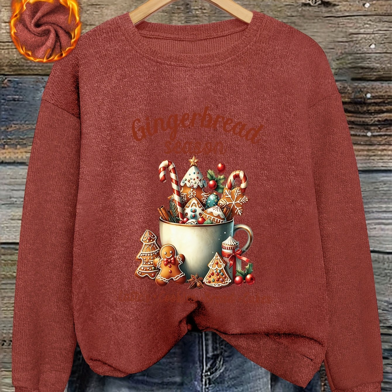 TEMU Women's Gingerbread & Gingerbread House Print Sweater - Cozy Round Neck Long Sleeve , Soft Brown Pullover With Gingerbread Men & Gingerbread