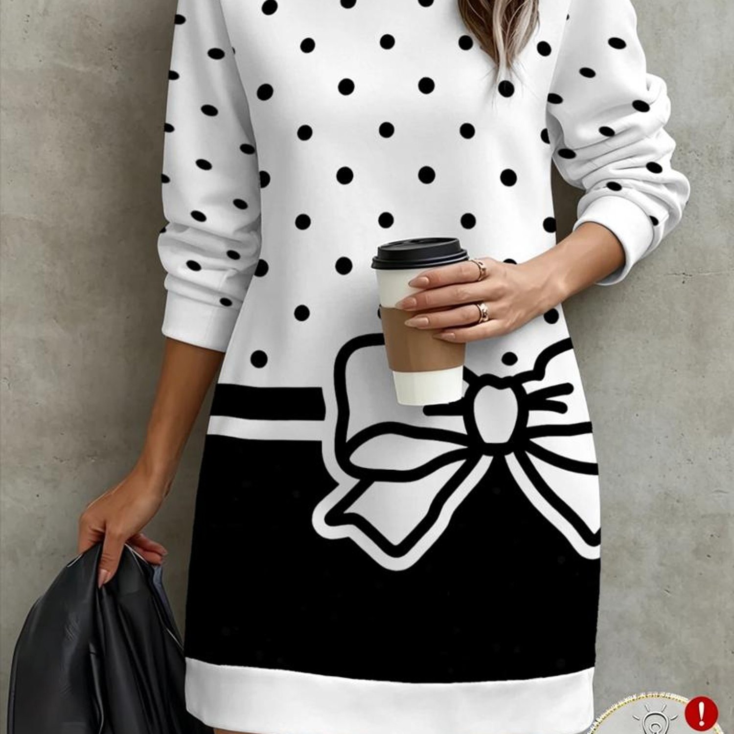 TEMU Women's Round Neck Long Sleeve Body-hugging Long Sweatshirt With Black And White Polka Dots, Large Bow, Color-block Print, Loose Fit,, Casual