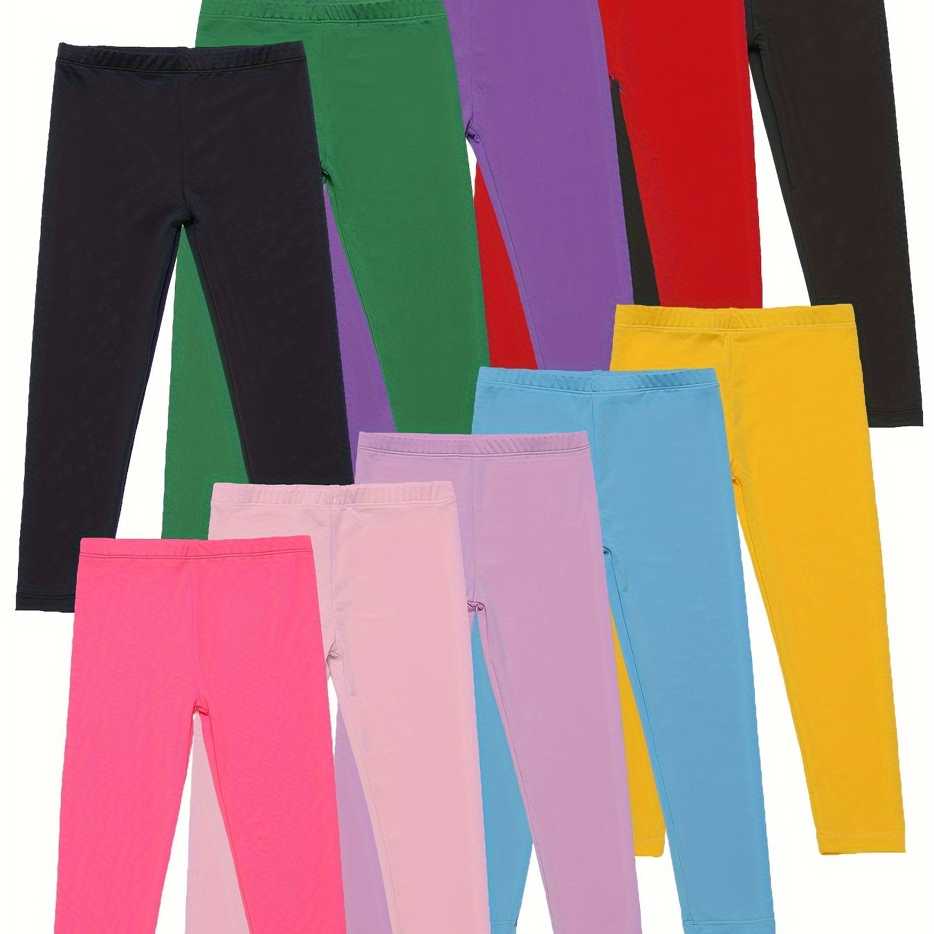 TEMU 10pcs Girls' Stretchy Leggings - Durable Mid-stretch Fabric, Vibrant Solid Colors For , Spring/fall Casual Wear & Sports - Regular Fit