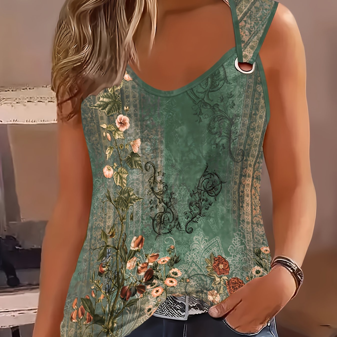 Female Summer Floral Print Round Collar Sleeveless Coat Top