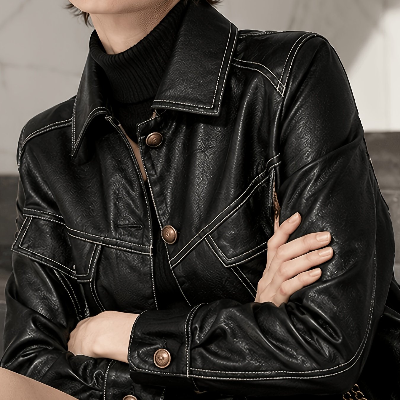 TEMU Women's Faux Short Jacket | Button- Collar Motorcycle Jacket | Casual Short Pu