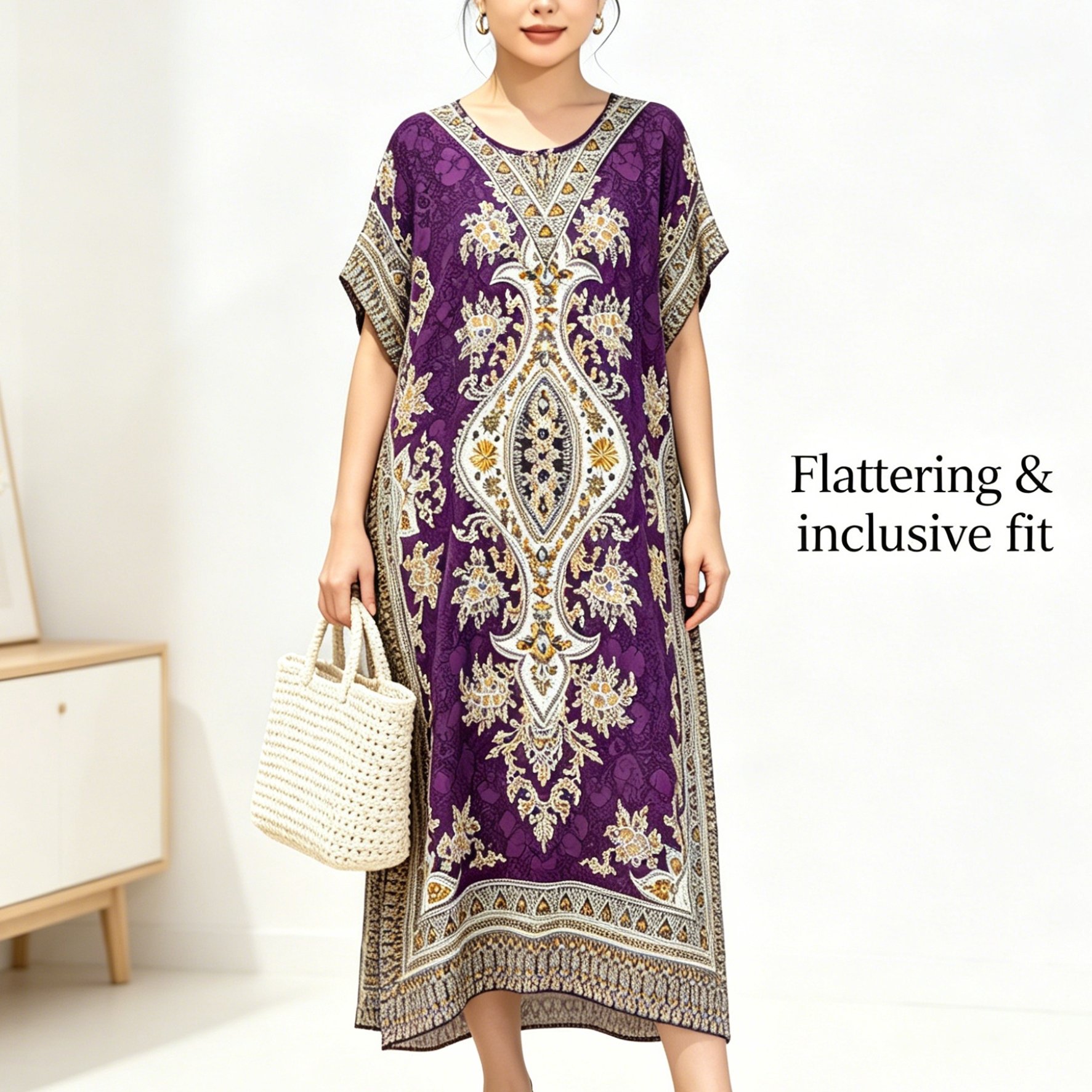 TEMU Robe imprimée pour femmes, motif violet, style ethnique, jupe mi-longue , motif rétro, col rond, manches courtes, tissu drapé confortable et