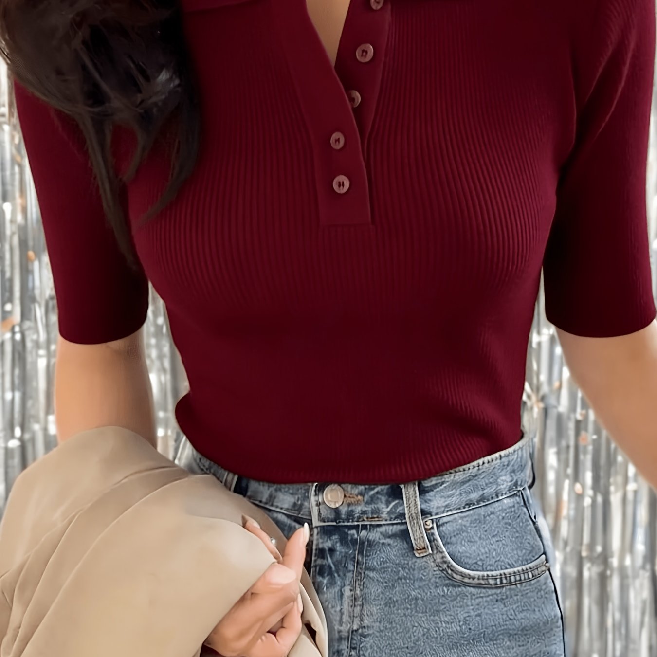 TEMU Women's High-stretch Pullover Sweater, Solid Color Short Sleeve Button- Collar Top Sweater, Regular Fit For Casual And Semi-formal Wear,