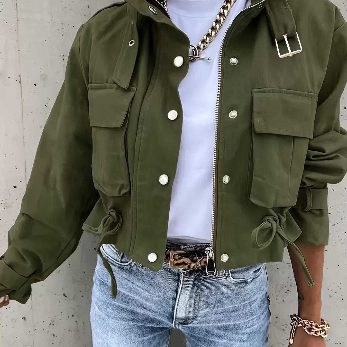 Women's Casual Zip-up Jacket, Trendy Lapel Button Long Sleeve Pocket Biker Coat, Spring/autumn Design With Drawstring Collar Top