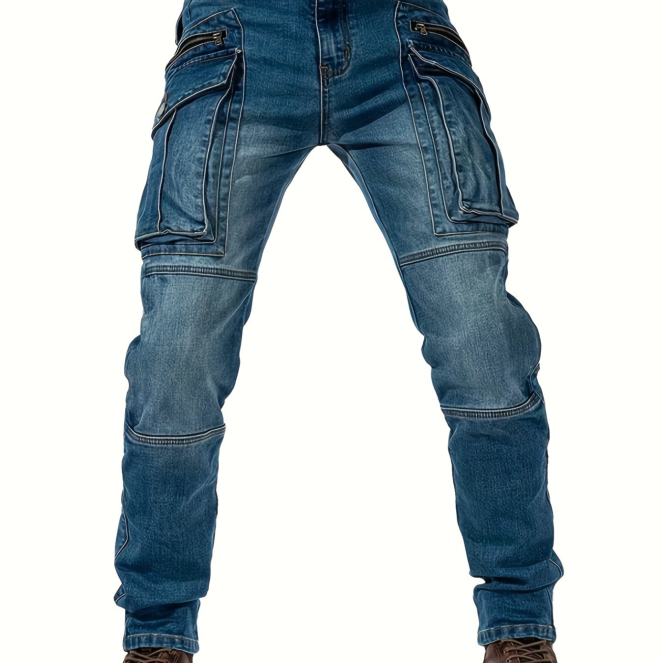 Wear-resistant Zipper Large Pocket Pants.vintage Washed Stretch Jeans.
