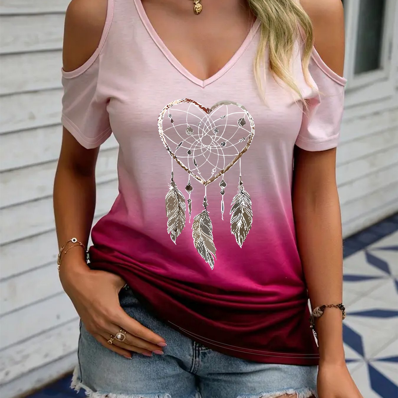 TEMU Article #045 T-Shirt Femme Épaule Dénudée Col V Manches Courtes, Dégradé avec Imprimé Cœur et Attrape-, Haut Décontracté et Polyvalent