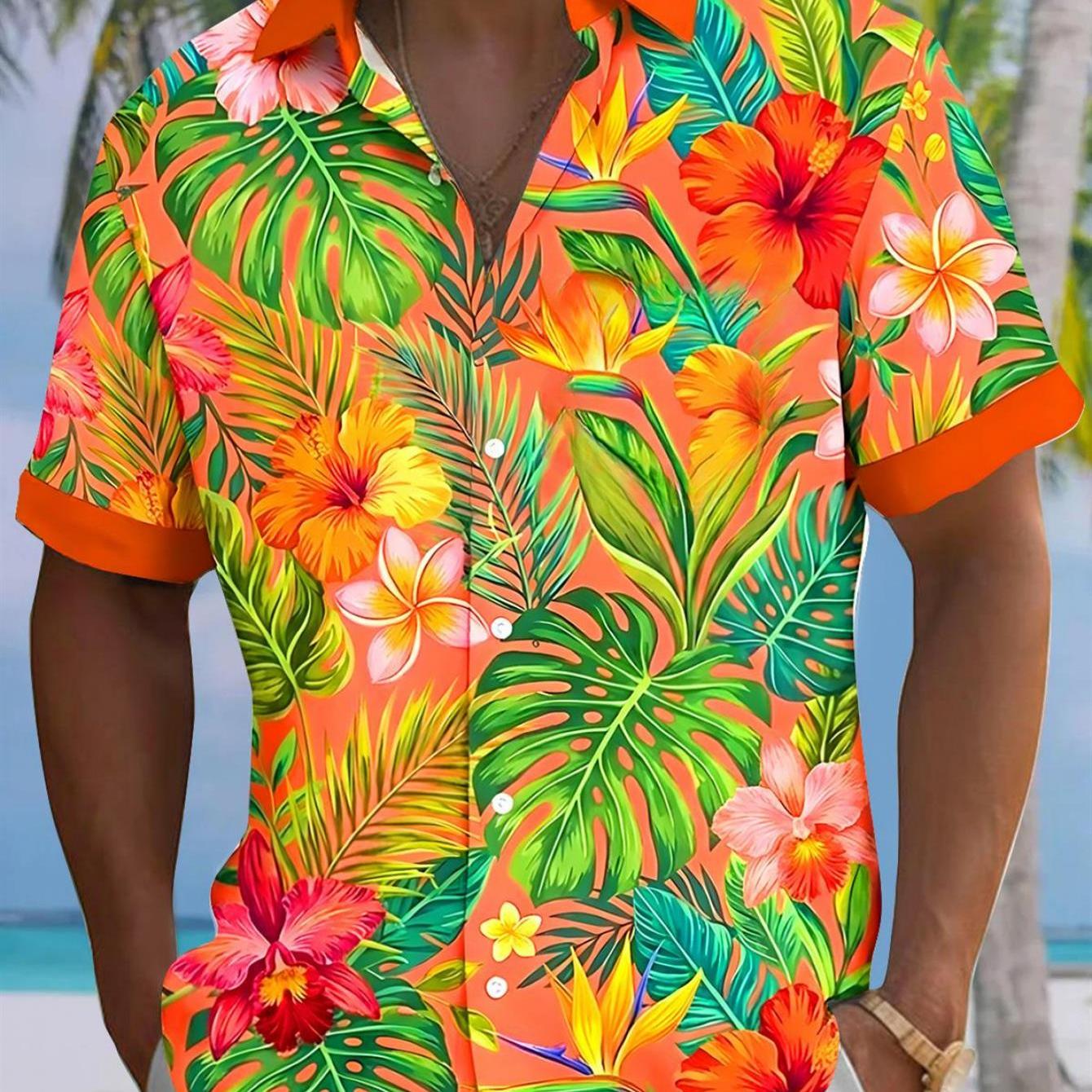 TEMU Men's Orange Tropical Floral Full-print Short-sleeve Shirt Dopamine-boosting Color-contrast Hawaiian Casual Shirts