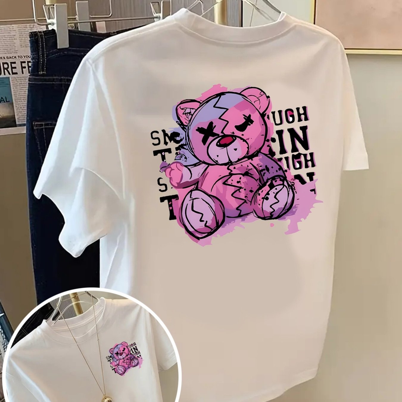 TEMU Front And Back Shortsleeve Tshirt , Graffiti Teddy Bear Fashion Print Women's Spring And Summer Trendy Print Tshirt, Fashionable And Trendy Item