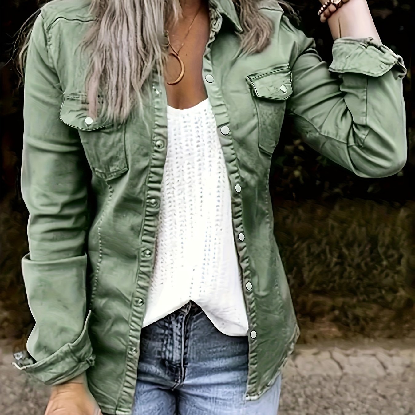 TEMU Solid Color Long Sleeve Button Up Retro Style Flap Pocket Denim Shirts Top, Women's Denim Jeans & Clothing