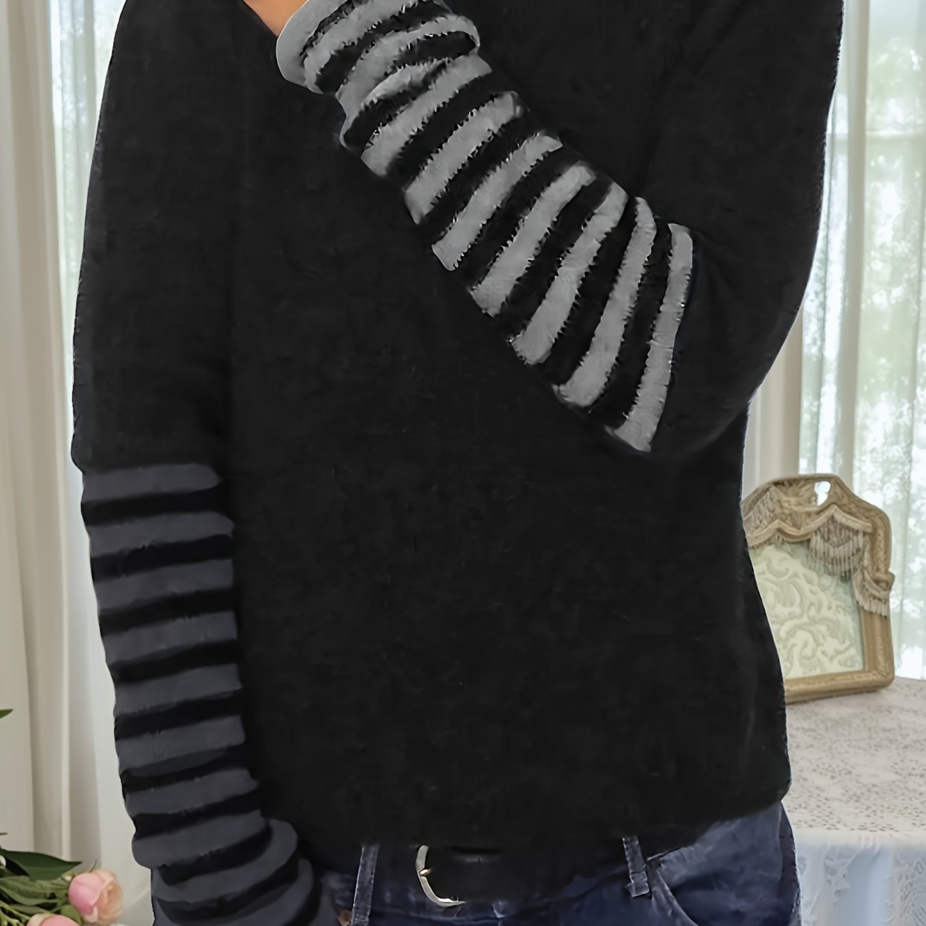 TEMU Women's Elegant Color Block Striped Sweater - Soft Warm Round Neck Long Sleeve Pullover With Multicolor Suitable For Fall Winter, Machine