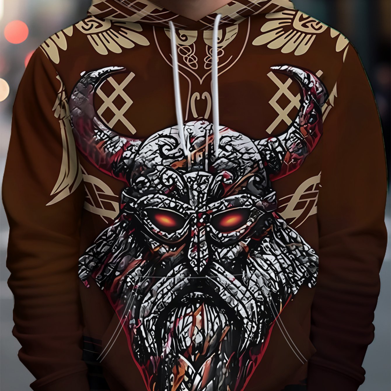 TEMU Men's Streetwear Brand Hooded Sweatshirt With Helmet Featuring Angled Horns, Red Eyes, And A Background With 2 Birds And Celtic Patterns - Full