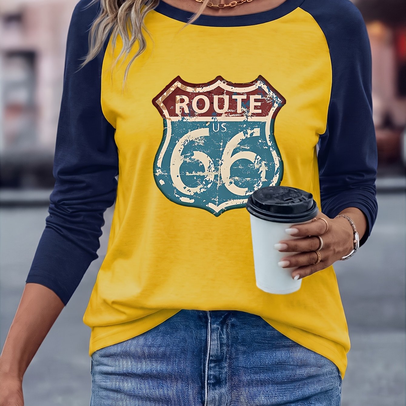 TEMU Women's Vintage Road T-shirt - Retro Sign & Iconic Highway, Raglan Sleeve Crew Neck Casual Top, Spring/autumn Blouse Style Suitable For Casual
