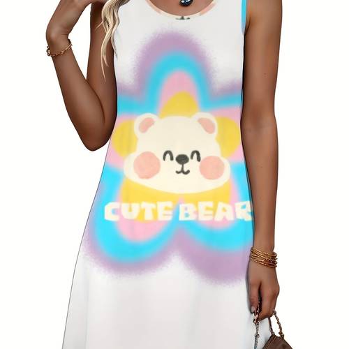 womens cute bear graphic print sleeveless dress soft breathable length casual dress with round neck machine washable medium fabric