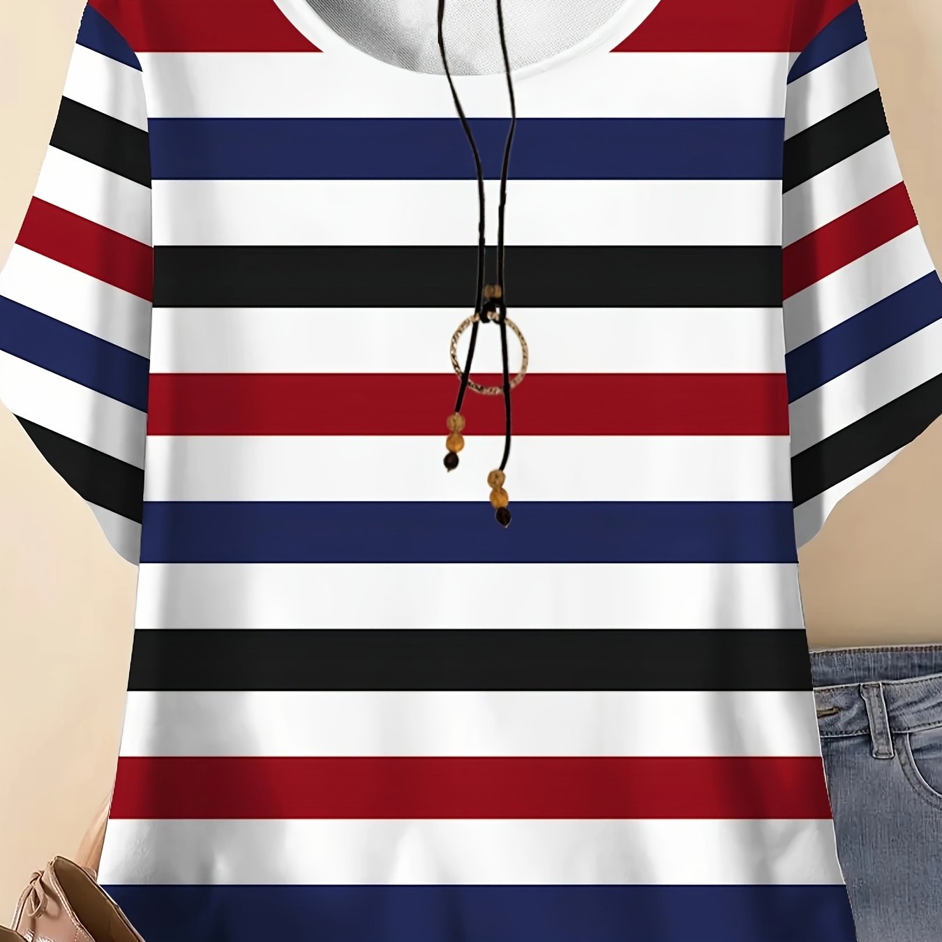 Image of Plus Size, Summer Casual Vacation, Comfortable And Elegant Style, Color Stripes, Painting Elements, 3d Printed Patterns, Women's Round-neck, Large-sized Short-sleeved T-shirt